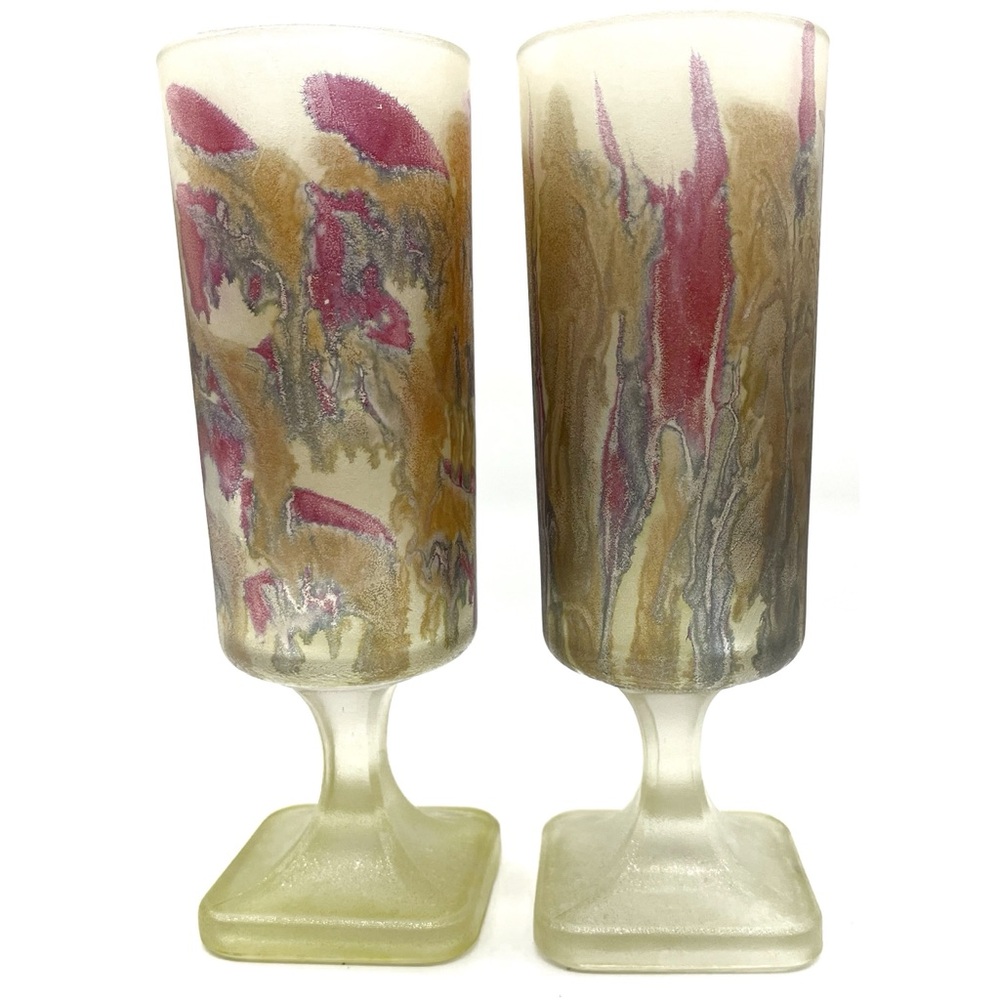 2 x ITALY Satin Art Glass Flutes (Rueven Glass ?) Two Frosted Glasses MCM